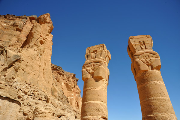 Hathor columns with the pinnacle of Jebel Barkal