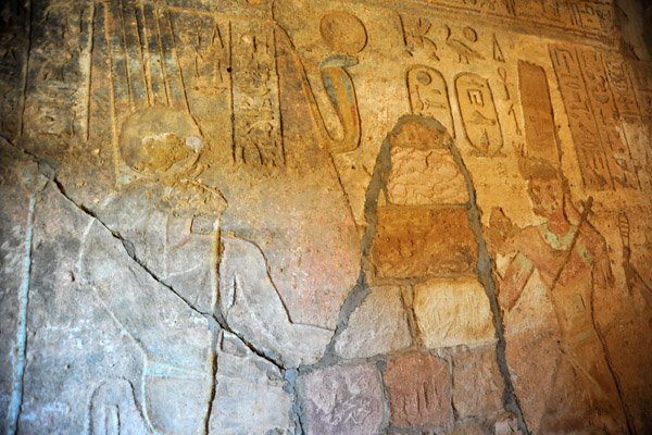 Wall in the temple of Mut with a section repaired with stone blocks