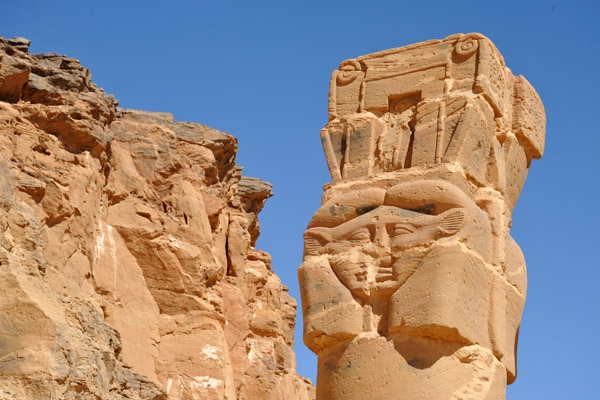 Hathor column with Jebel Barkal's southern cliffs