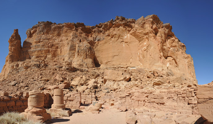 Panoramic view of the southern face of Jebel Barkal with the ruins of the Great Temple of Amun