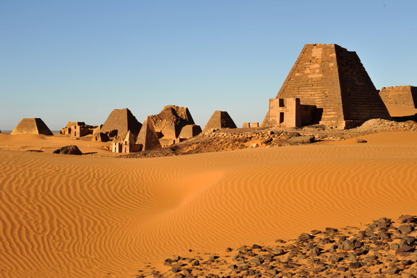 Morning is the best time to photograph the chapels on the eastern faces of the pyramids, Mero