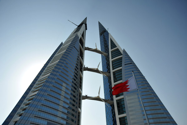 Bahrain World Trade Centre with three skybridges linking the two towers