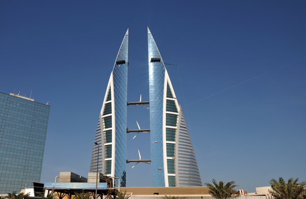 Bahrain World Trade Centre with wind turbines on the three skybridges