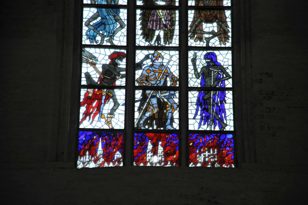 Stained glass with the burning of Lbeck