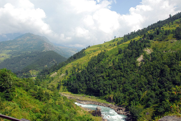 Driving along the right bank of the Bhote Kosi River