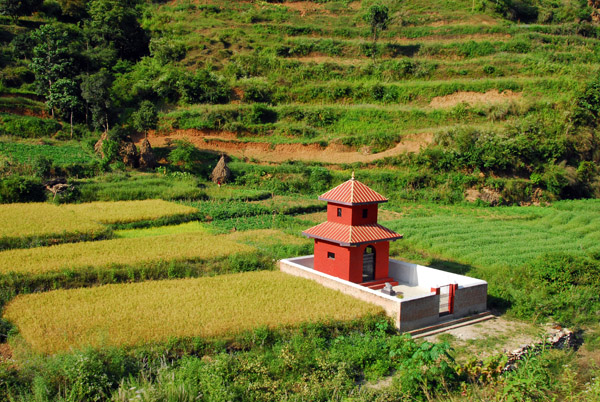 A small red temple among the fields 3 km west of Dolaghat on the Araniko Highway
