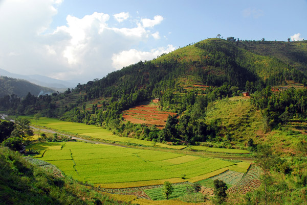 Flat farmland and terraced fields along a small river near Panchkhal, Nepal