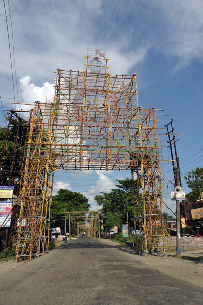 Bamboo frame over the road in preparation for a festival