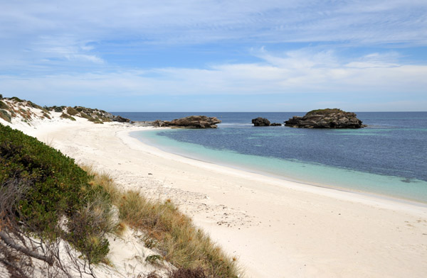 The beach at Parakeet Bay on the north shore with tiny Parakeet Island just off shore