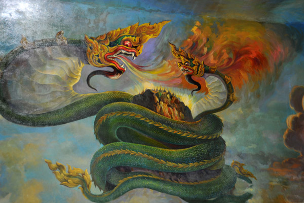 Impressive ceiling painting of a pair of naga coiled around a temple covered mountain (looks like Mt. Popa)