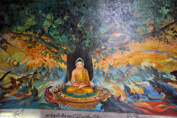 Mural of the Buddha meditating while surrounded by war and destruction