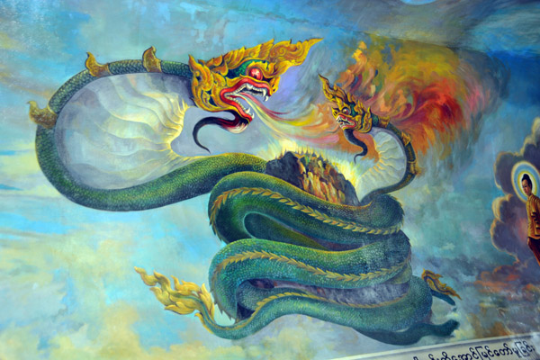Mural of fire-breathing naga serpents coiled around Mt. Popa