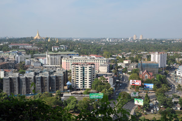View northwest from Sakura Tower with the Park Royal Hotel and a Shwedagon Paya