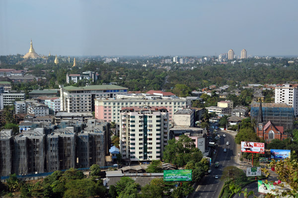 View northwest from Sakura Tower with the Park Royal Hotel and a Shwedagon Paya
