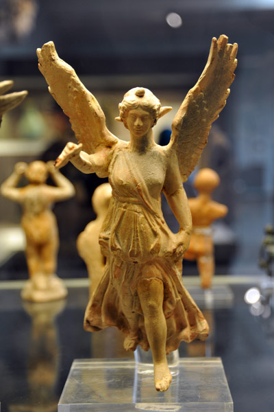 Terracotta figures of winged Nike (Victory)  in flight, Myrina ca 200-150 BC