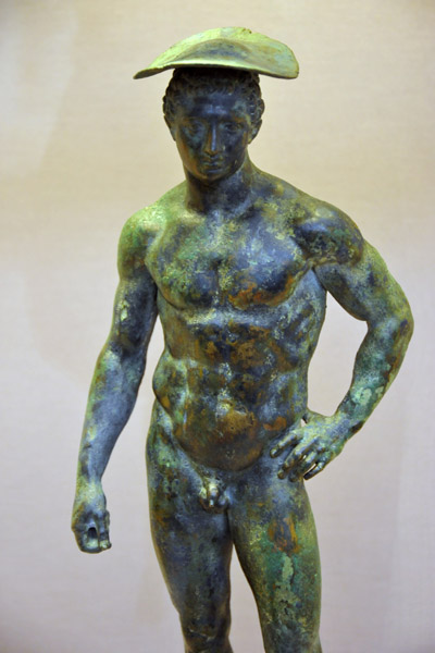 Hermes wearing a wide-brimmed hat called a petasos, ca 150 BC