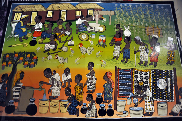 Painting by Charinda, Dar es Salaam, Tanzania, 2002, showing women wearing kangas in Tanzanian villages