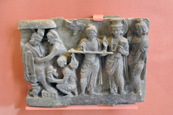 Schist slab showing one of the Buddha's previous lives, Gandhara (NW Pakistan) 2nd-3rd C. AD