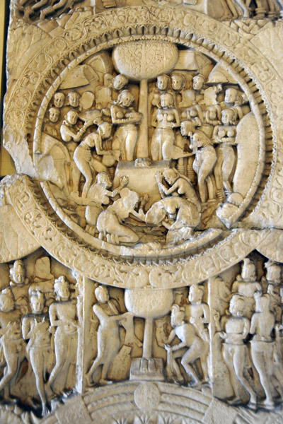 Railing pillar - gift of food to the Buddha by Sujata at Bodh Gaya