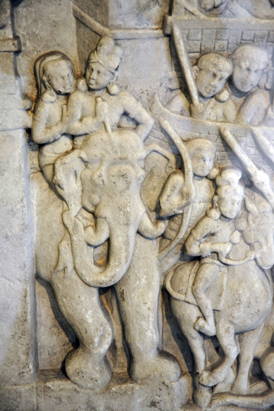 Railing pillar with King Shuddhodana and Queen Maya, parents of Prince Siddhartha, on an elephant