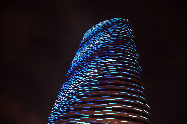 Illuminated skyscraper at the Lepu Bridge Metro Station (Special line 13)