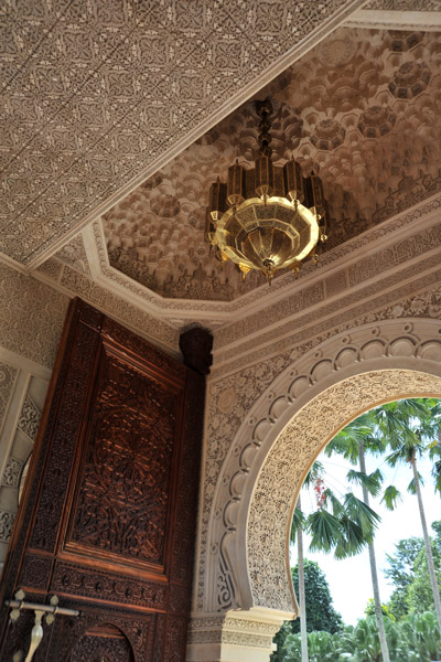 Ceiling detail and brass lamp, Moroccan Pavilion, Putrajaya
