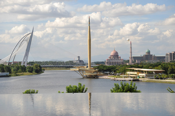 View of Lake Putrajaya to the north of the Iron Mosque over the pools around the edge of the prayer hall