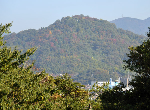 View of the tree-covered hills surrounding Hikone Castle