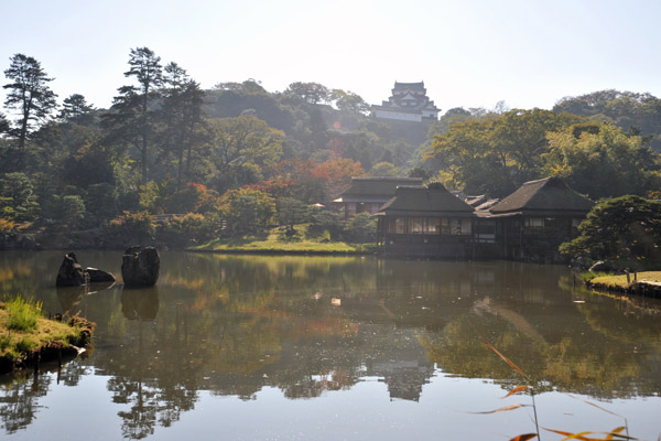 View of Hikone Castle across the pond of Genkyu-en Garden