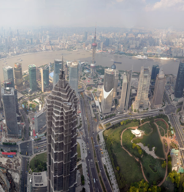 Panoramic view of Pudong from the Shanghai World Financial Center Observatory