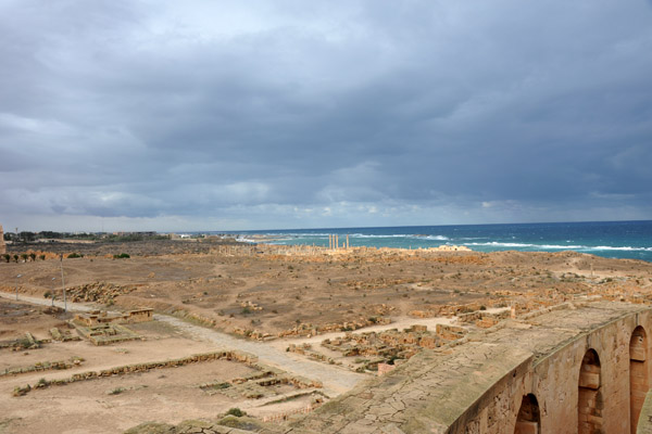 View of the ruined city of Sabratha looking west from the top of the Roman theatre 