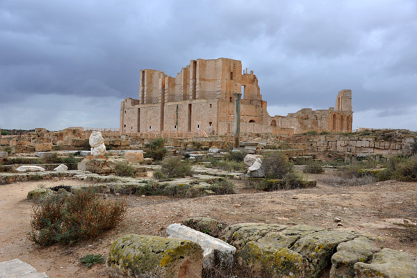 The Roman Theater of Sabratha behind the ruins of the theater district
