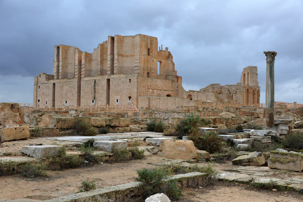 The Roman Theater of Sabratha behind the ruins of the theater district
