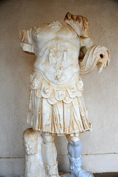 Headless statue of an armored Roman Emperor, likely Vespasian, Sabratha