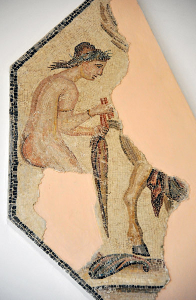 Mosaic of a nymph grooming Pegasus
