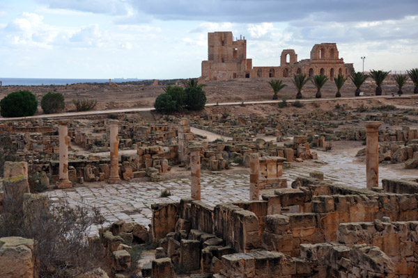 The excavated street level of Sabratha is below the level of the modern walkway, Sabratha