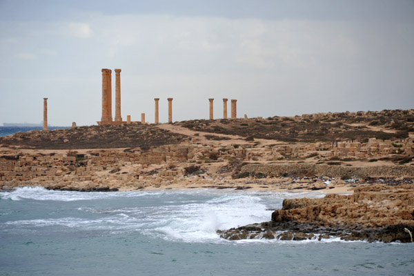 Looking east along the coast of Sabratha towards the Temple of Isis