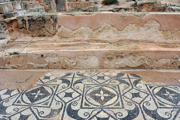 Stone bench and mosaic floor, Theater Baths, Sabratha