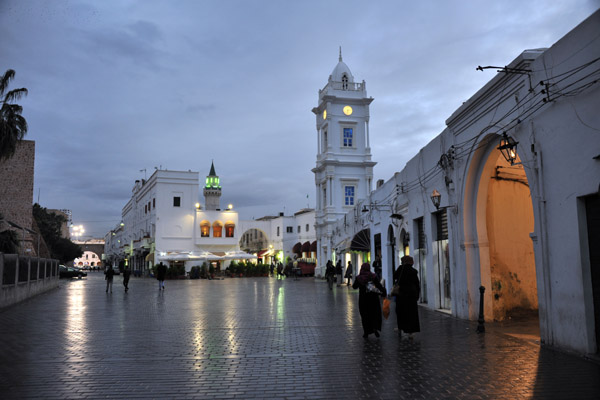 Clock Tower Square at dusk on a cloudy and wet evening, Tripoli Medina