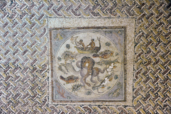 Fishing mosaic with a giant sea serpent