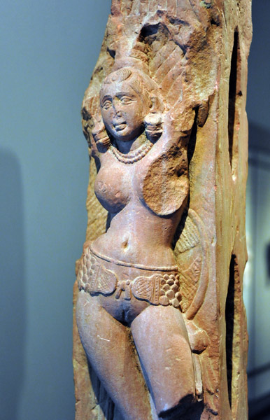Railing pillar with female figure beneath a tree, approx 100-200, Mathura area, UP