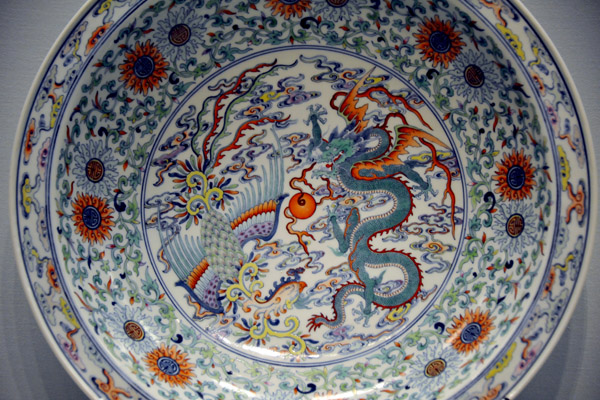 Plate with dragon, phoenix and flowers, 18th C.