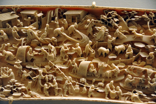 Detail of an ivory plaque depicting the joyful life of fishermen, 19th C. China