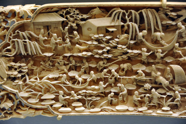 Detail of an ivory plaque depicting the joyful life of fishermen, 19th C. China