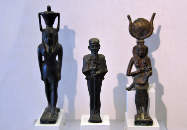 Late Period Egyptian bronzes, 525-332 BC - Nefertum, Ptah and Isis with Horus