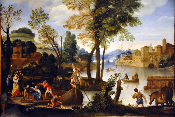 An Italianate River Landscape with Poling Boatman and a Woman with a Basket of Crabs, Il Domenichino ca 1605