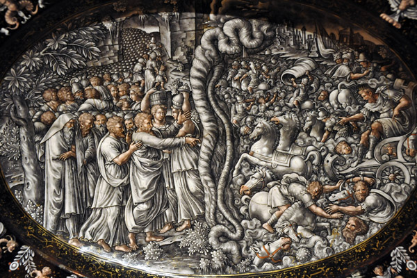 Enamel in grisaille on copper salver with Moses Parting the Waters, Limoges 1575-1585