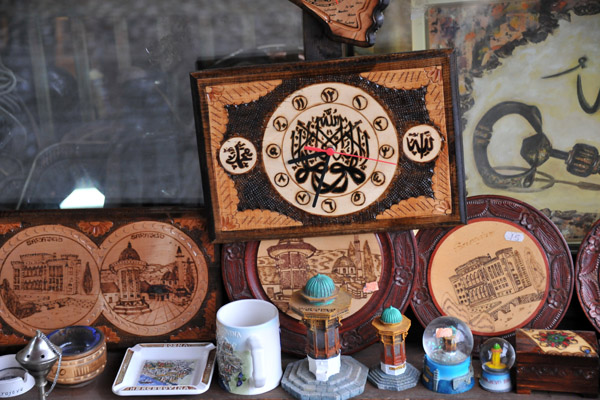Souvenirs in Baščaršija including a pretty wooden Arabic clock