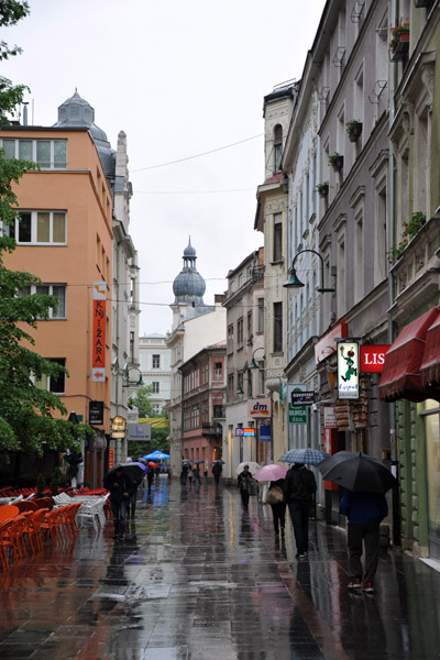 A rainy day along Sarajevo's pedestrianized Ferhadija Street