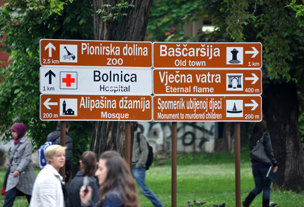 Road sign to points of interest in Sarajevo